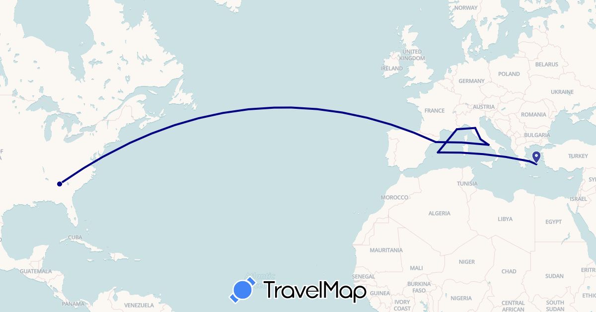 TravelMap itinerary: driving in Spain, France, Greece, Italy, United States (Europe, North America)